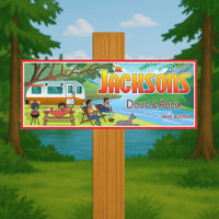 Personalized RV campsite sign displayed outdoors on wooden post at campground