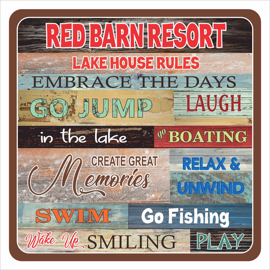 Square personalized lake house rules sign with rustic wood-style background and editable text