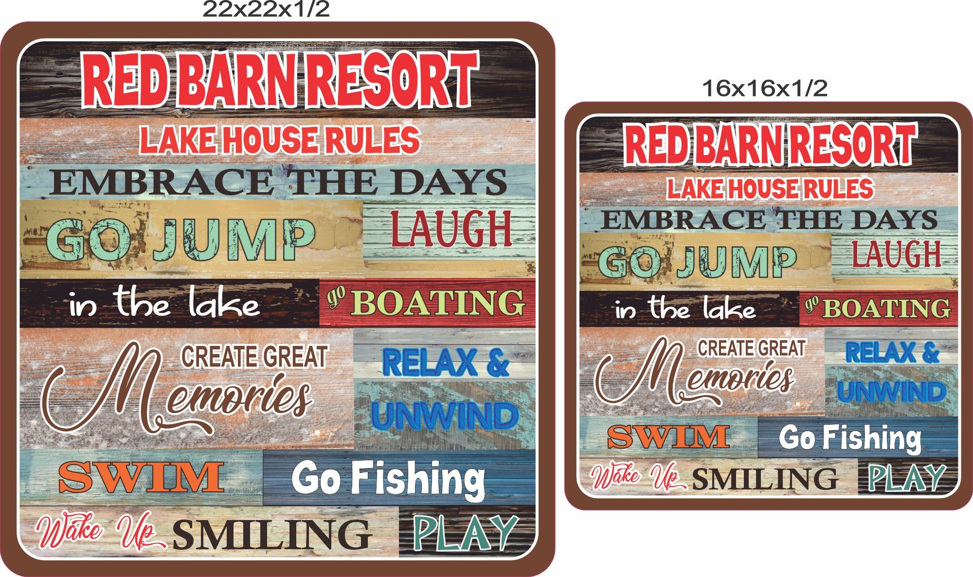 Lake house rules sign shown in 16x16 and 22x22 inch square size options