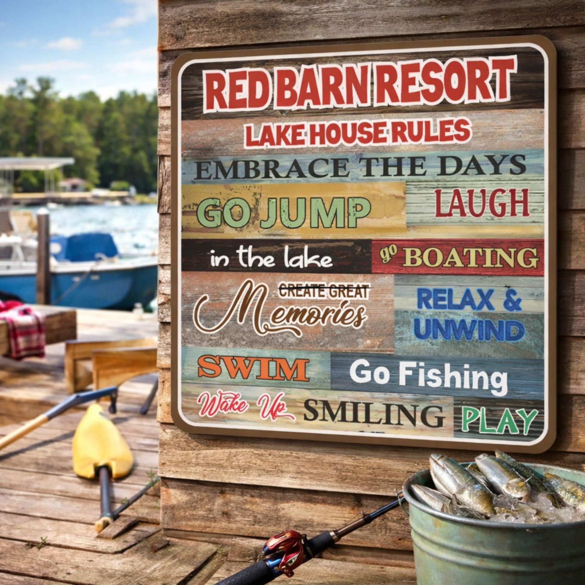 Personalized lake house rules sign displayed outdoors near a lakeside dock and seating area