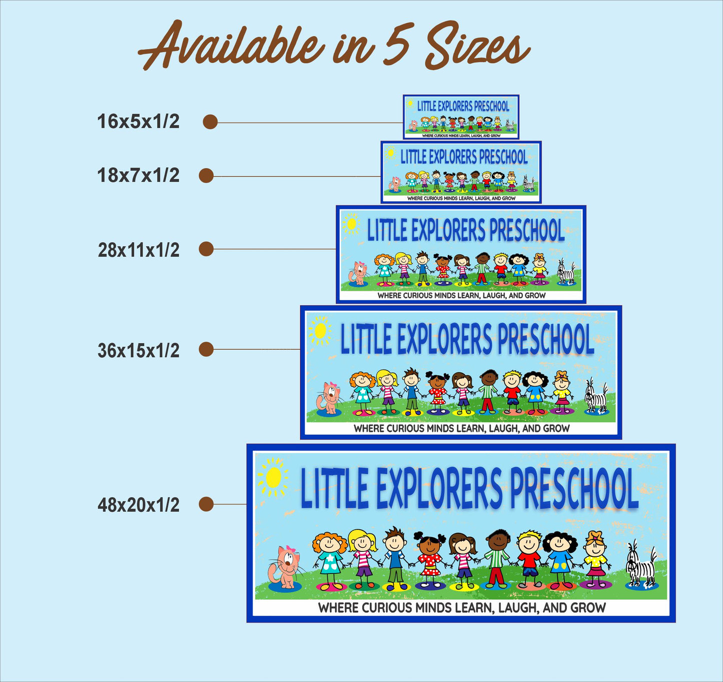 Size comparison chart for personalized preschool sign available in five sizes