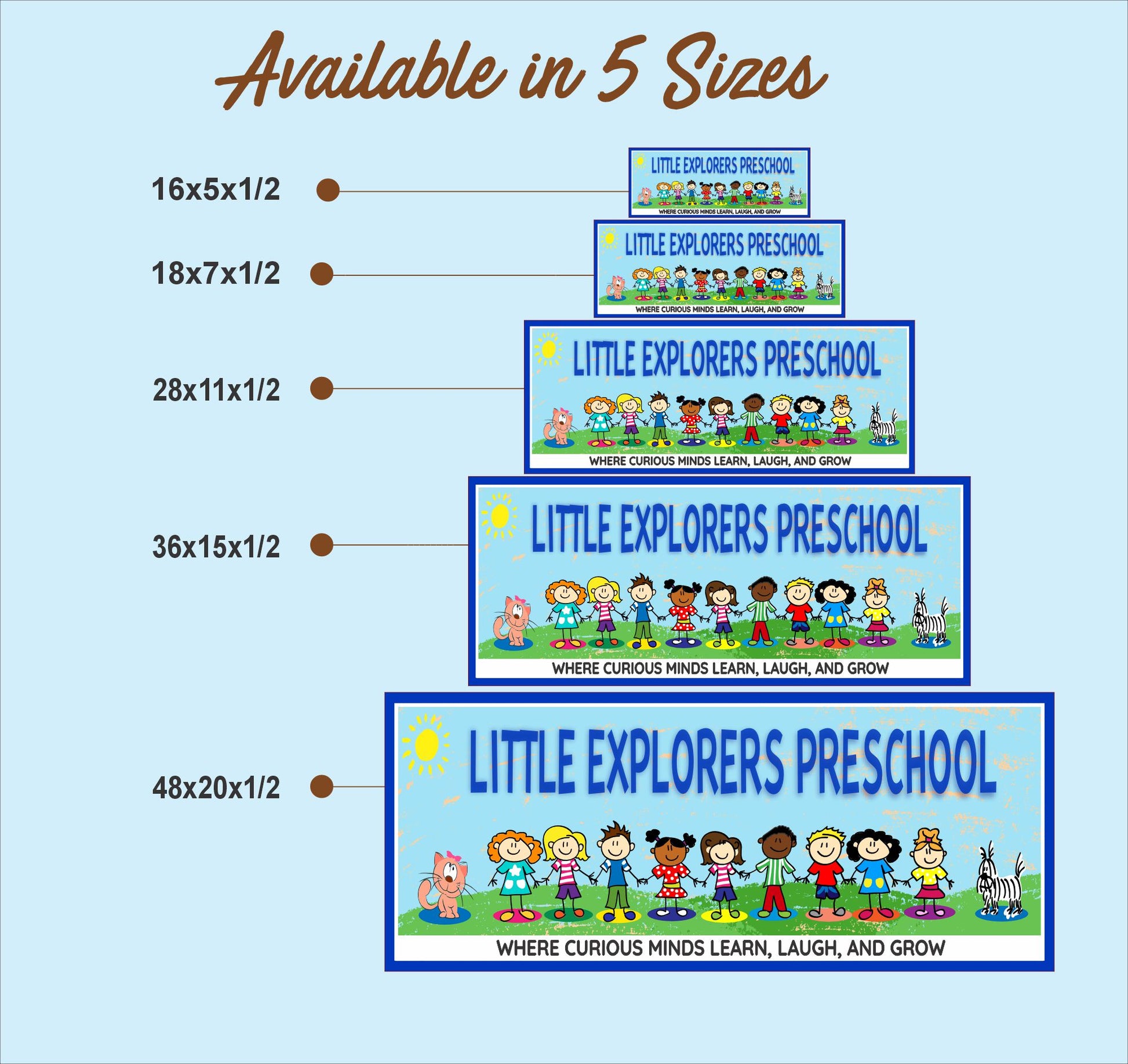 Size comparison chart for personalized preschool sign available in five sizes