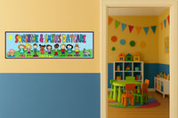 Custom daycare wall art sign displayed in colorful childcare room with cartoon children and pets