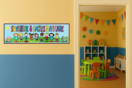 Custom daycare wall art sign displayed in colorful childcare room with cartoon children and pets