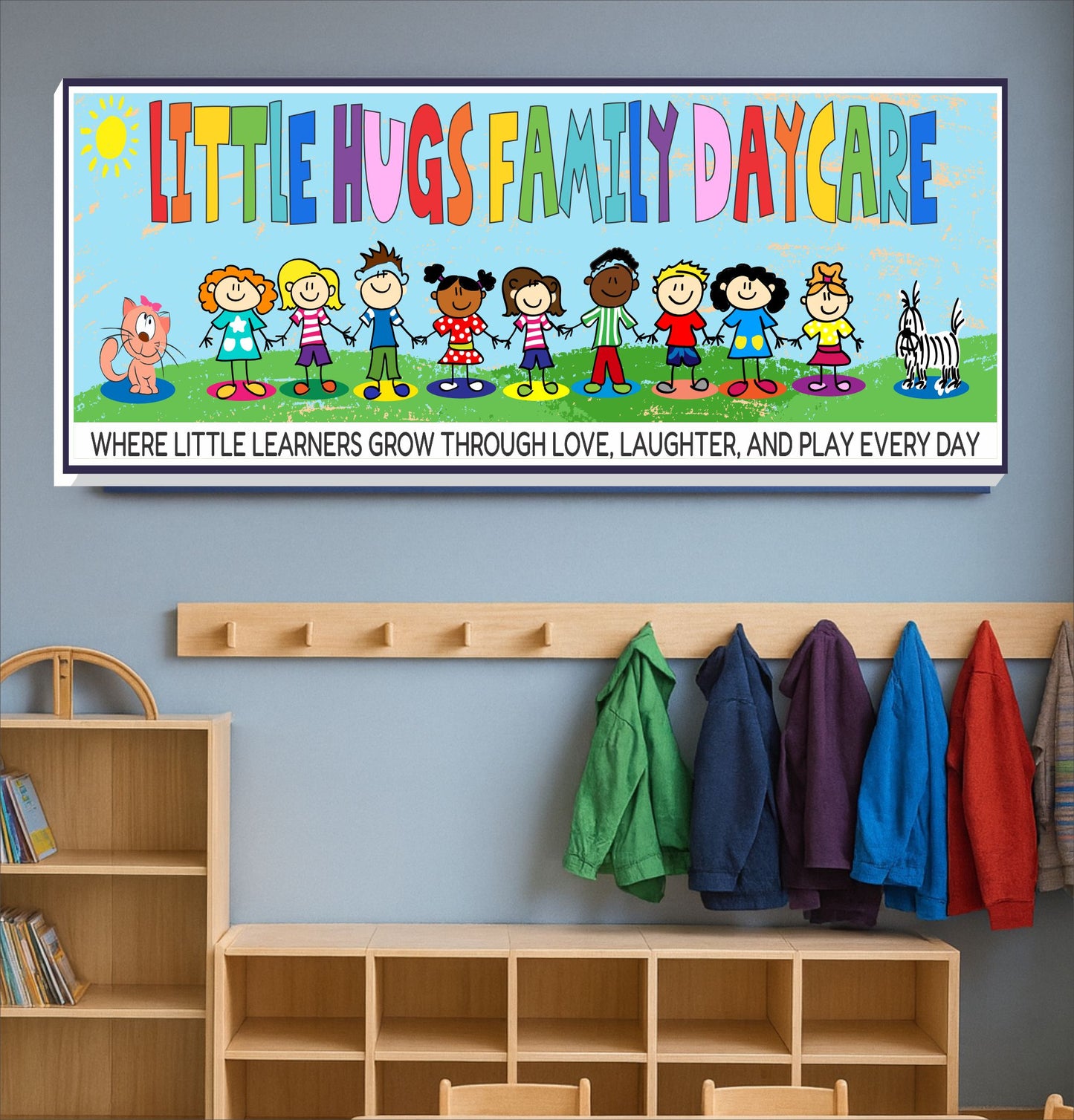daycare sign with colorful kids and tagline displayed on a classroom wall in a bright childcare setting