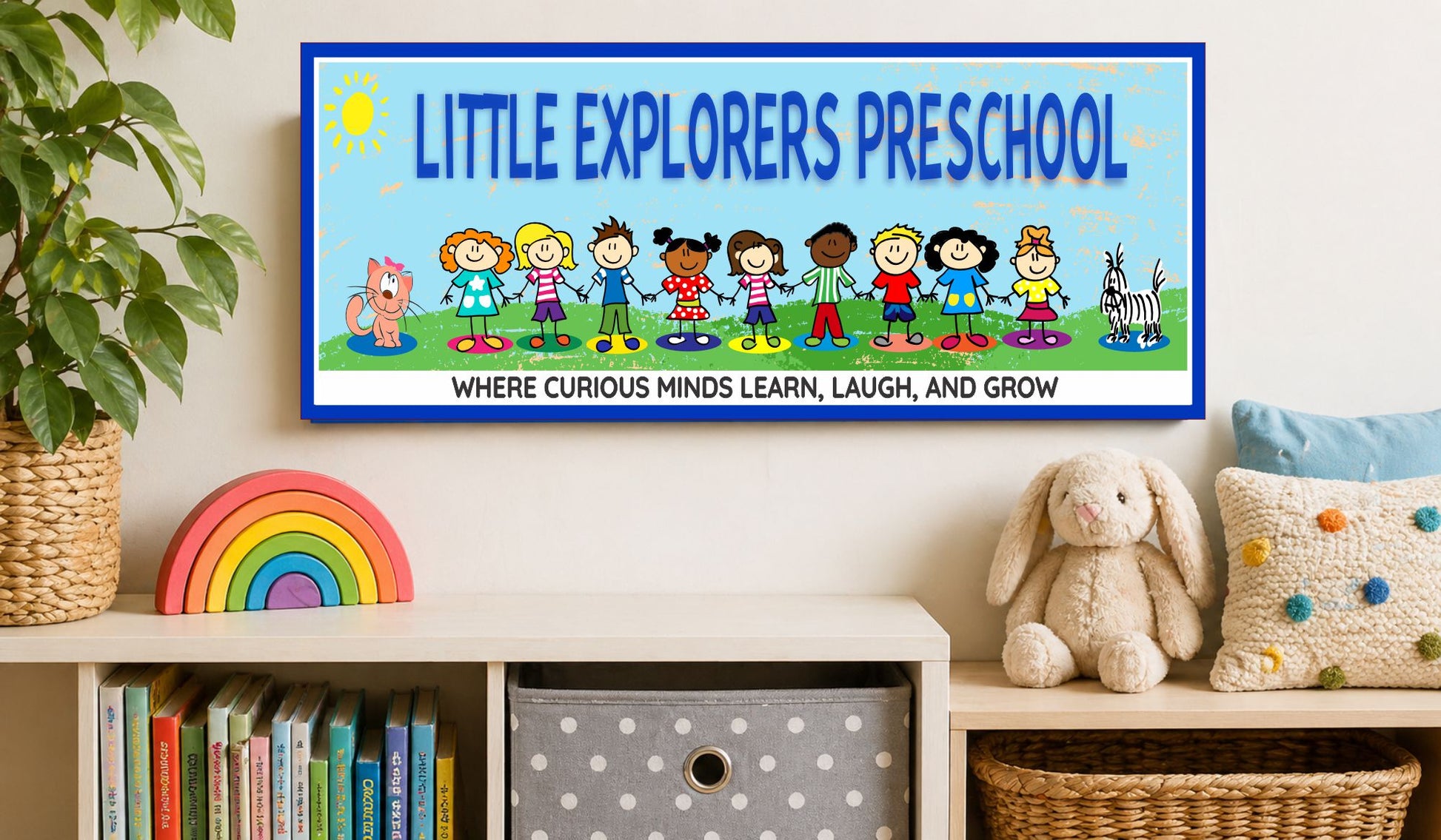Personalized preschool classroom sign displayed on wall in bright daycare learning environment