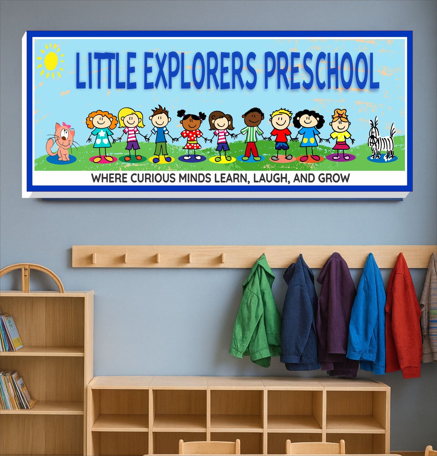 Custom preschool sign displayed above classroom cubbies in daycare learning space