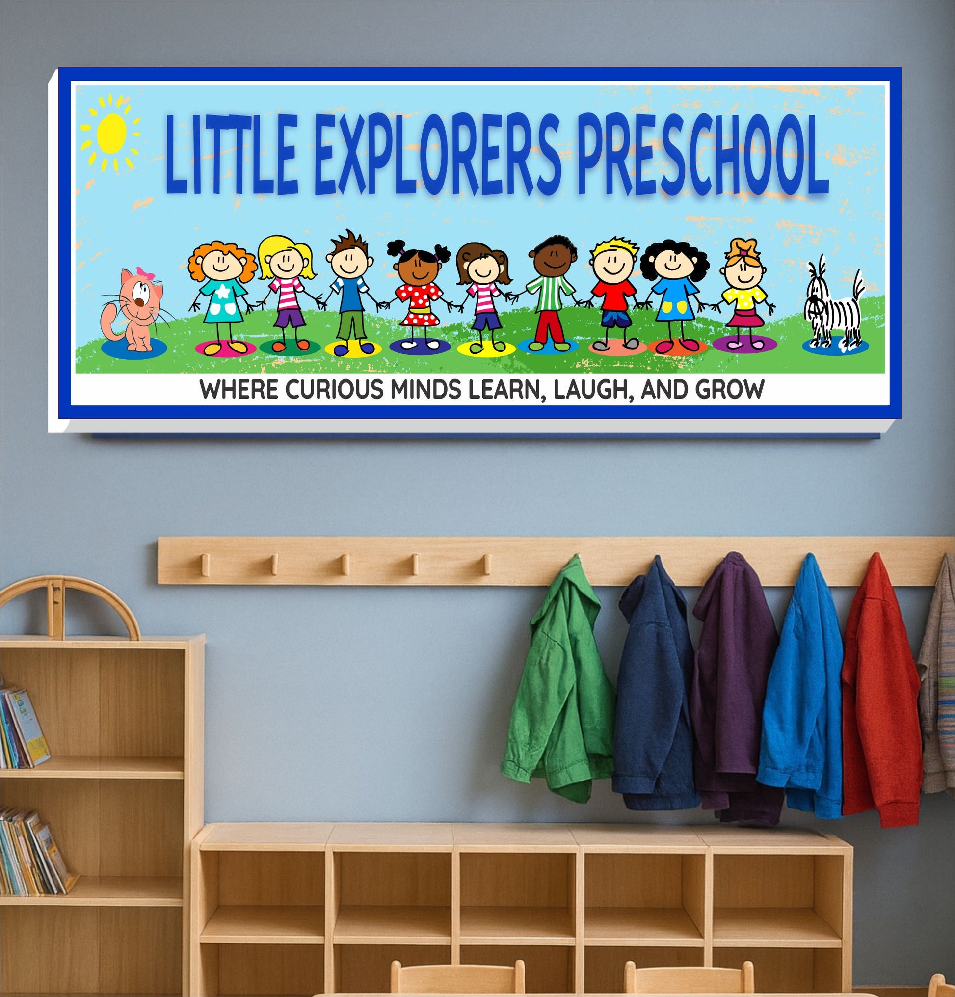 Custom preschool sign displayed above classroom cubbies in daycare learning space