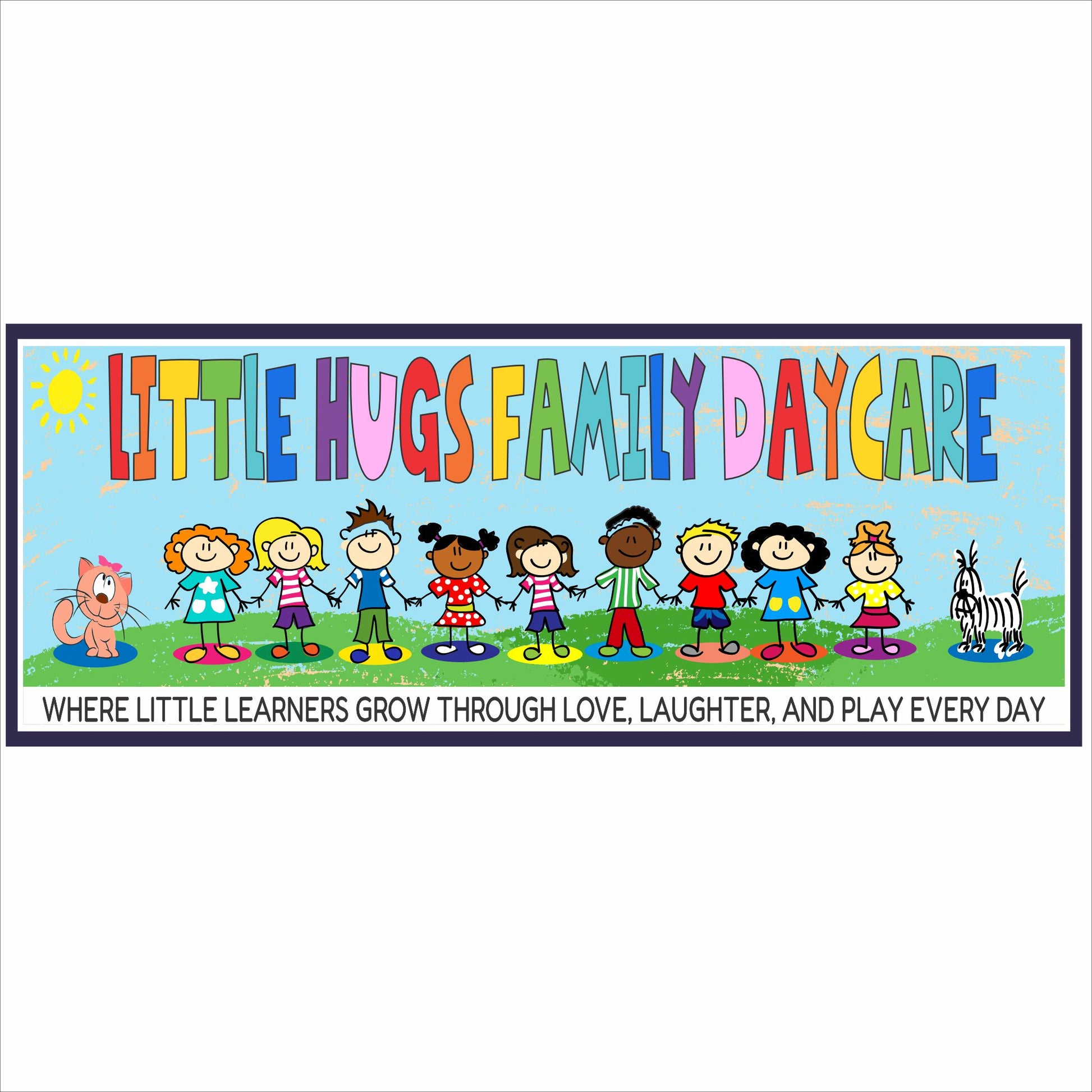 personalized daycare sign with cartoon kids and pets, custom childcare wall art