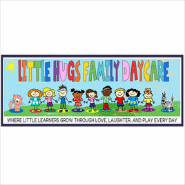 personalized daycare sign with cartoon kids and pets, custom childcare wall art