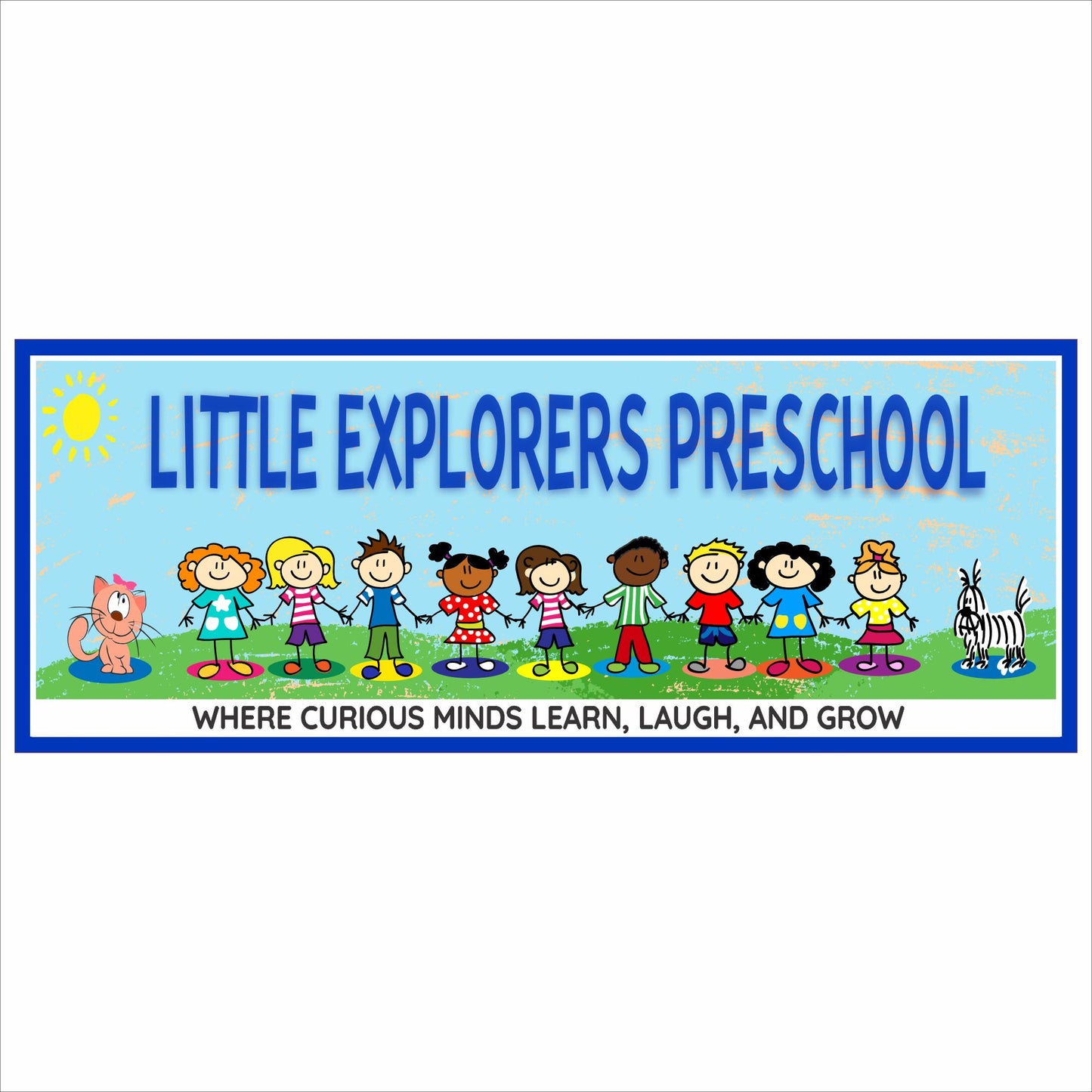 Personalized preschool sign with colorful children graphics and custom daycare classroom name on blue background