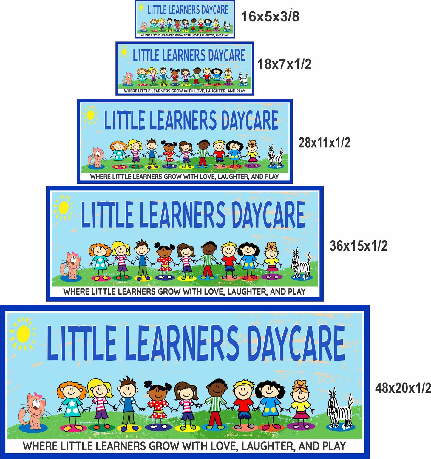 daycare sign size comparison showing 16x5 18x7 28x11 36x15 48x20 inch options