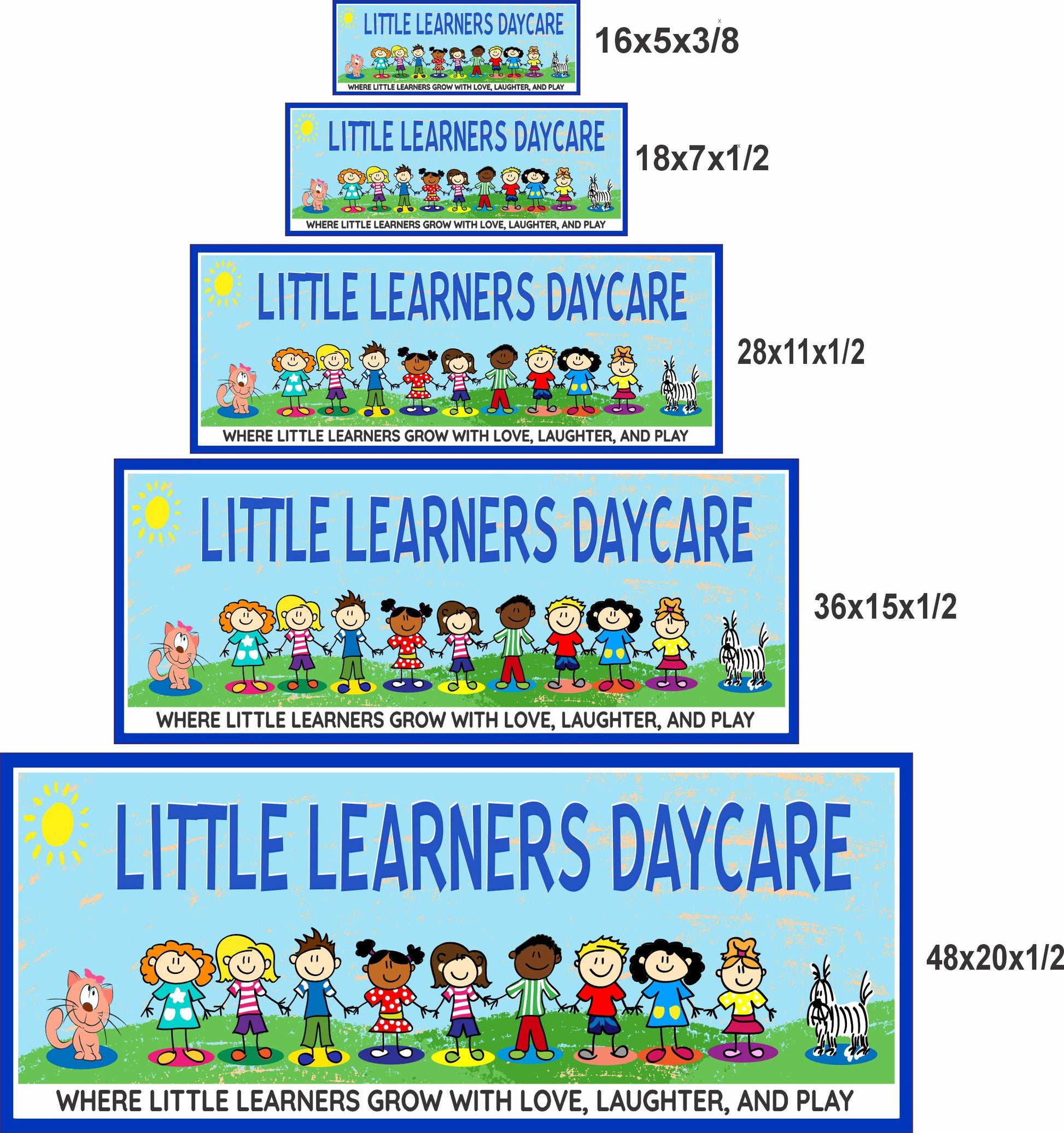 daycare sign size comparison showing 16x5 18x7 28x11 36x15 48x20 inch options