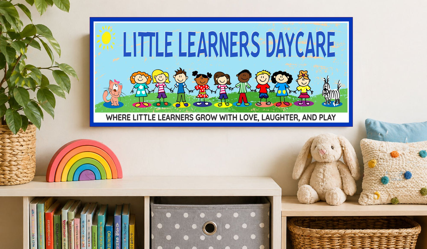 custom daycare center sign with cartoon children colorful classroom wall decor