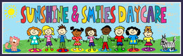 “Personalized daycare sign with cartoon kids and pets, custom childcare wall art