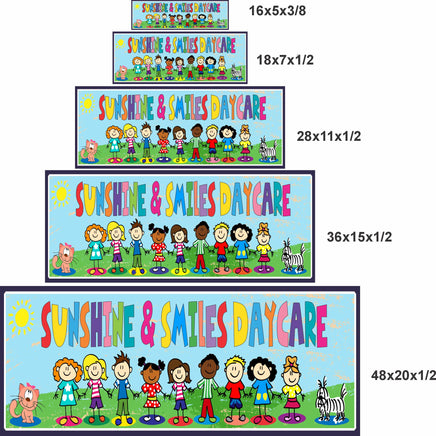 Daycare sign available in 5 sizes from 16x5 to 48x20 inches, personalized childcare décor