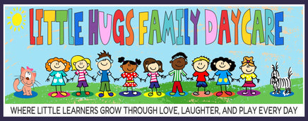 personalized daycare sign with cartoon kids and pets, custom childcare wall art