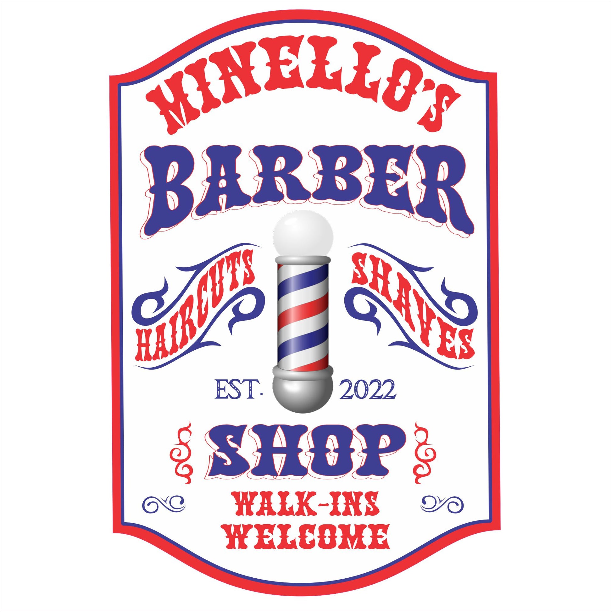Personalized barber shop sign with vintage lettering and classic barber pole design
