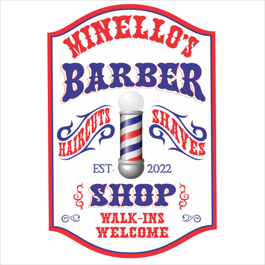Personalized barber shop sign with vintage lettering and classic barber pole design