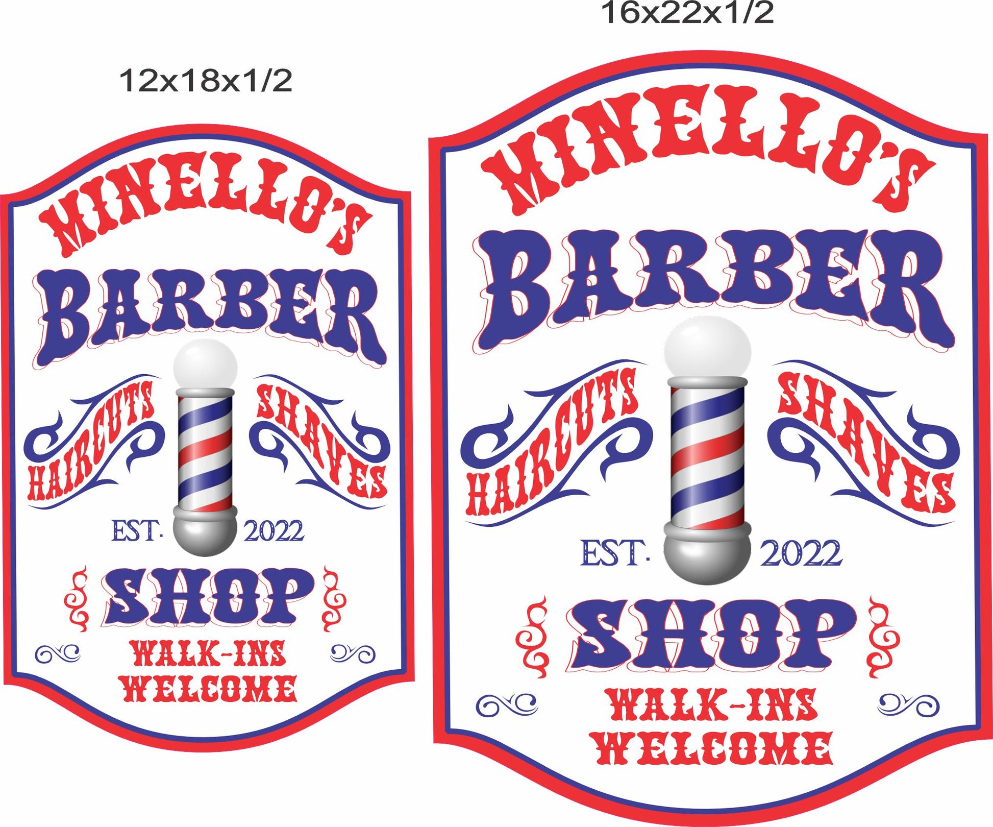 Barber shop sign shown in 12x18 and 16x22 size options for scale reference