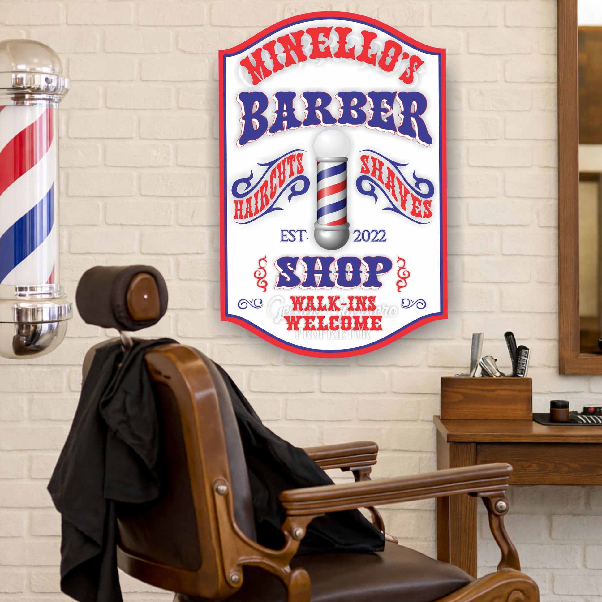 Custom barber shop wall sign displayed inside traditional barbershop
