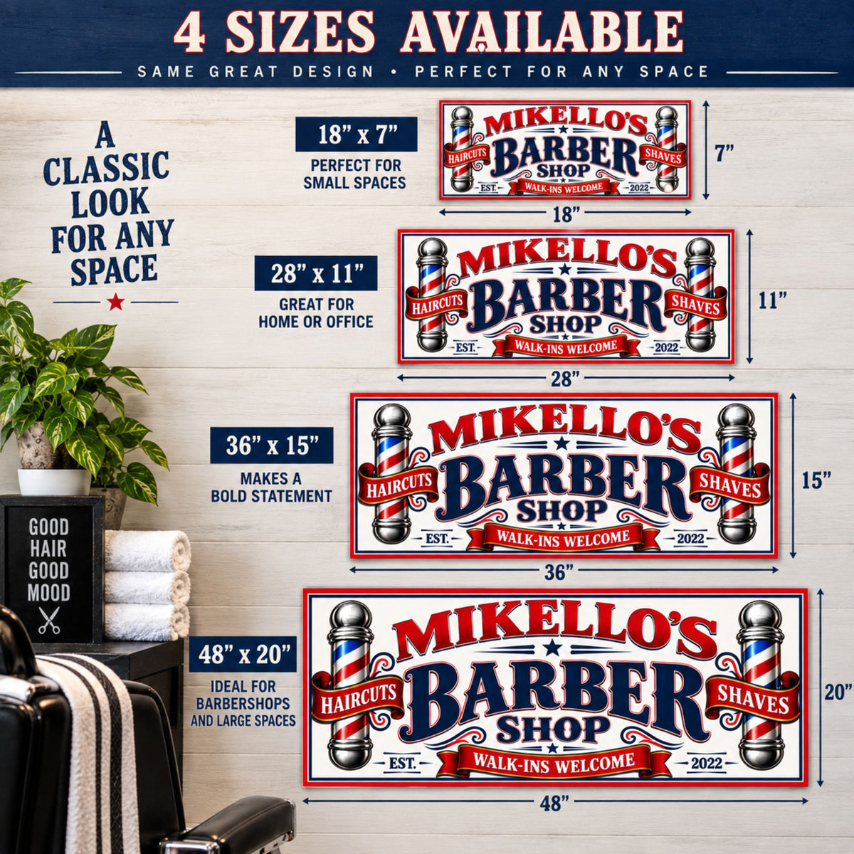 Four-size comparison showing barber shop signs in 18×7, 28×11, 36×15 and 48×20 inches.