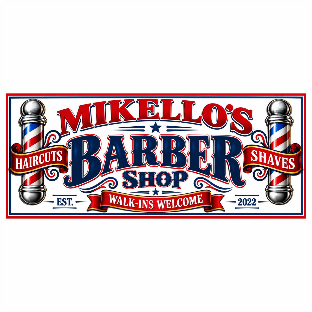 Personalized barber shop sign with classic barber poles, red white and blue design and custom shop name.