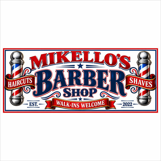 Personalized barber shop sign with classic barber poles, red white and blue design and custom shop name.