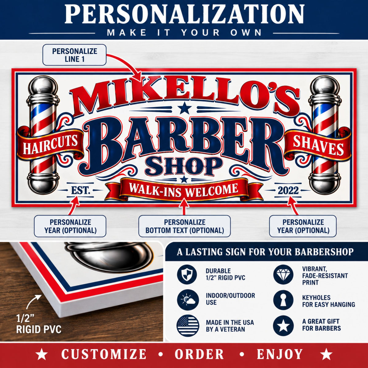 Personalization infographic showing the editable text areas on the custom barber shop sign.