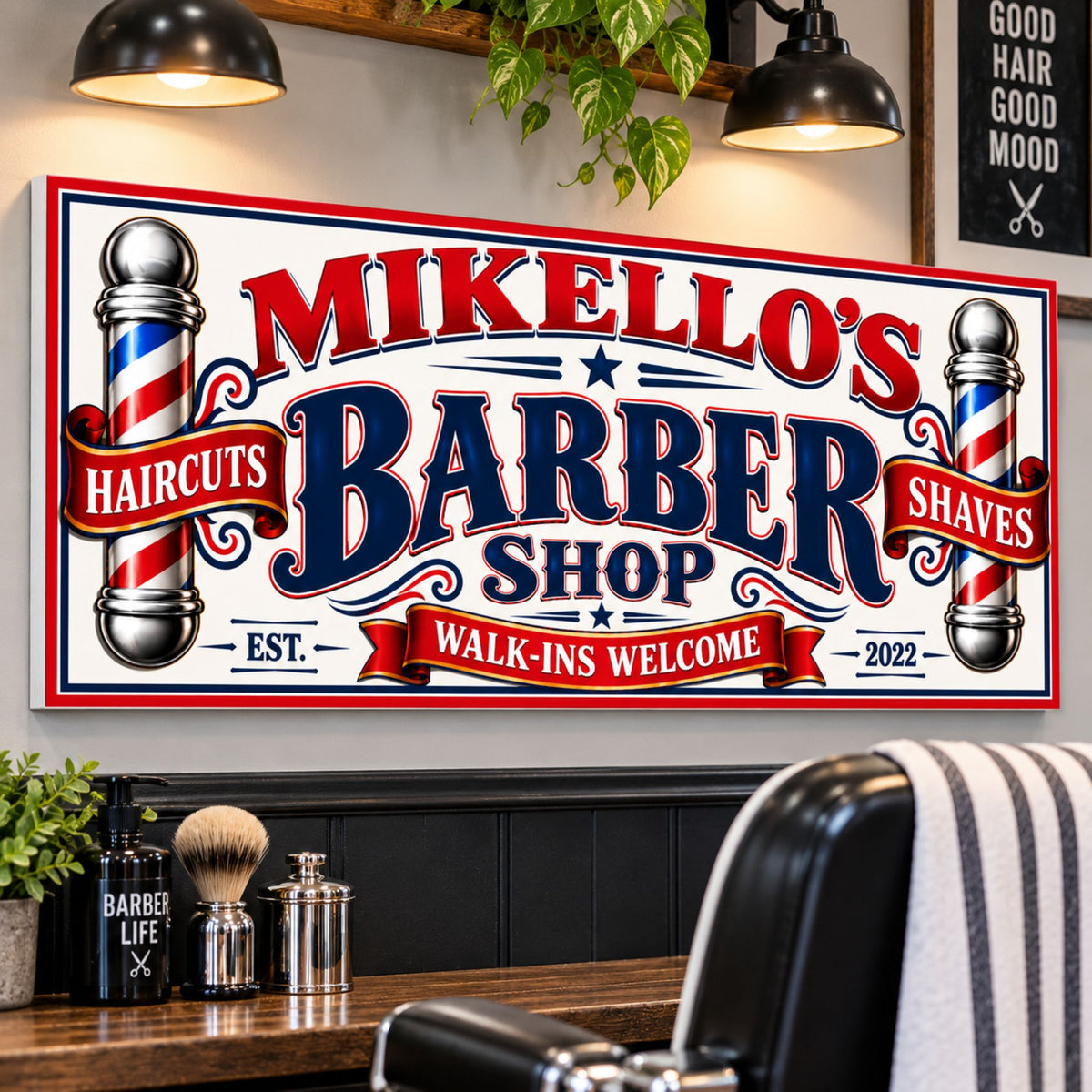 Custom barber shop sign displayed on a wall above a professional barber chair.