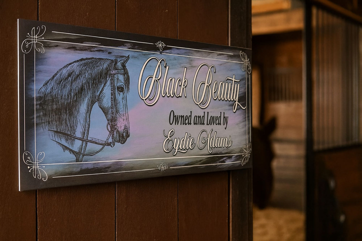 Custom horse name sign mounted on wooden barn wall with elegant horse illustration