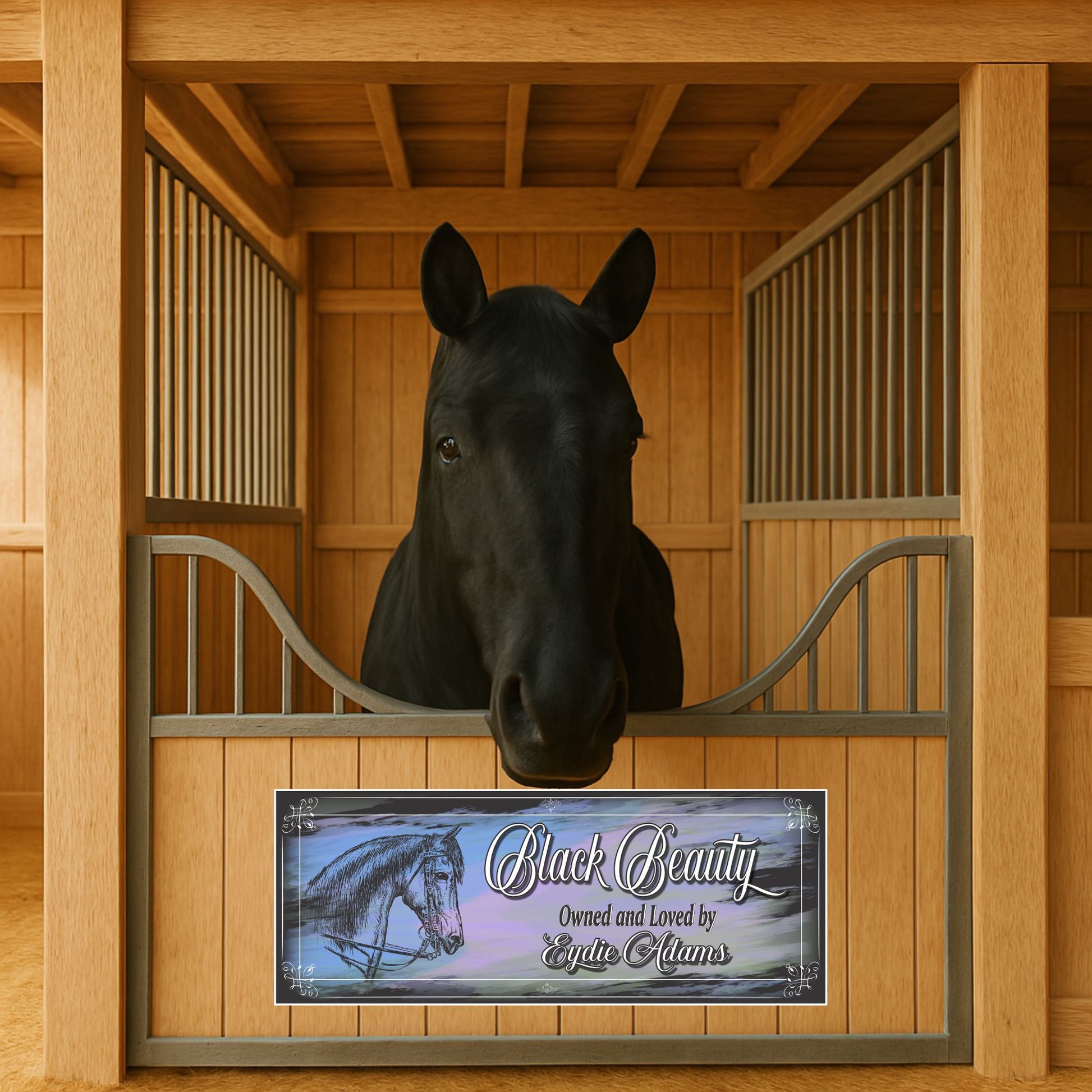 Personalized stall name sign displayed on horse stall gate with black horse standing inside
