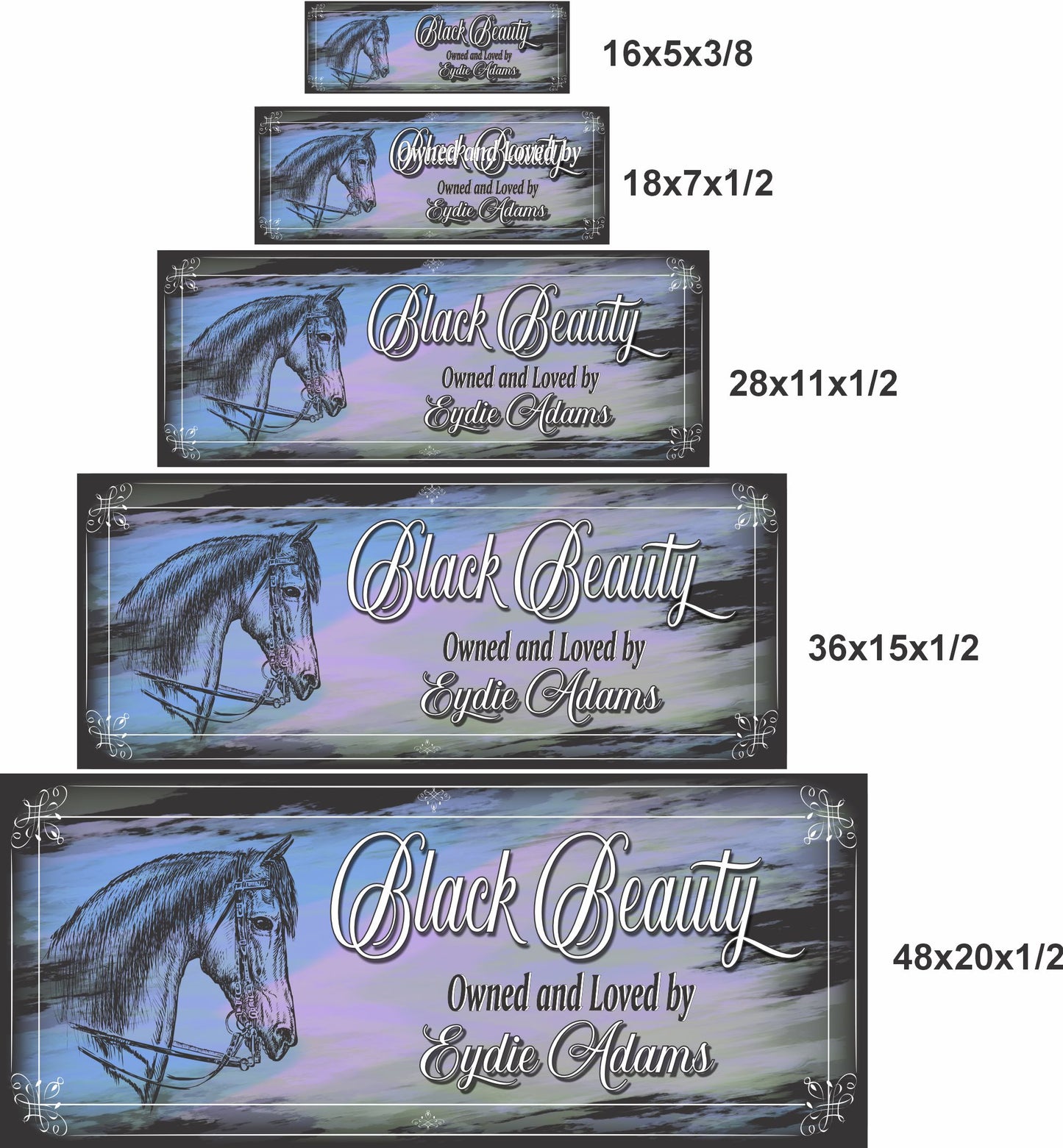 Black Beauty horse stable sign size comparison showing five available sizes