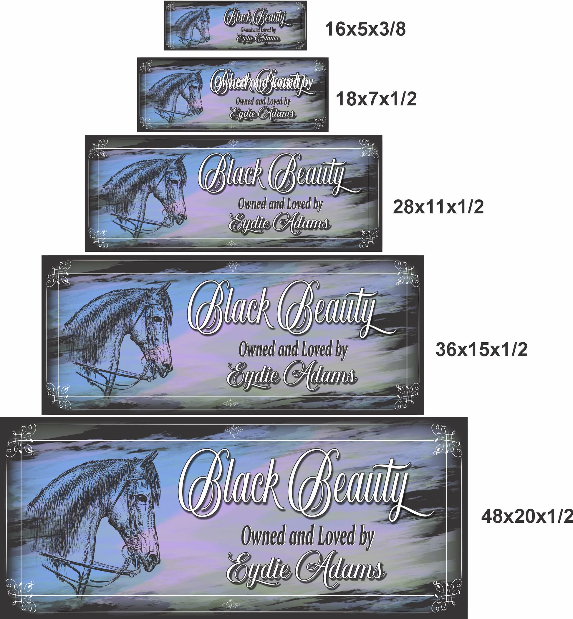 Black Beauty horse stable sign size comparison showing five available sizes