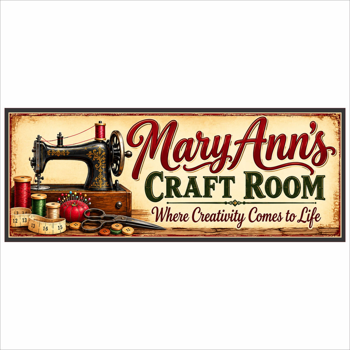 Custom vintage craft room sign featuring an antique sewing machine, colorful thread spools, scissors, and personalized lettering.