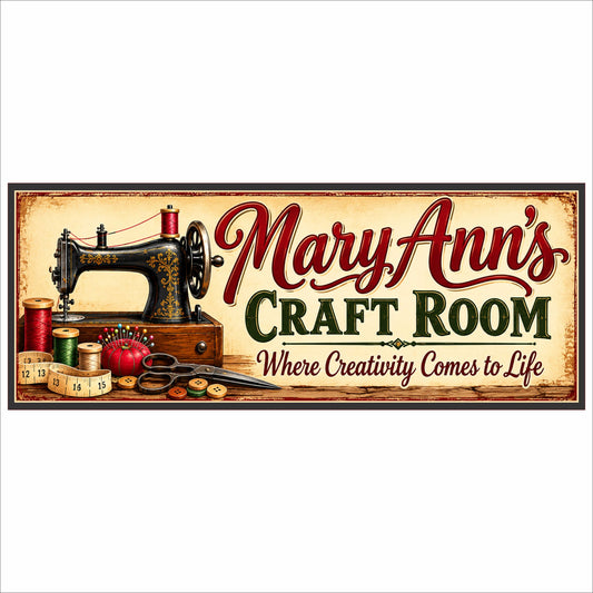 Custom vintage craft room sign featuring an antique sewing machine, colorful thread spools, scissors, and personalized lettering.