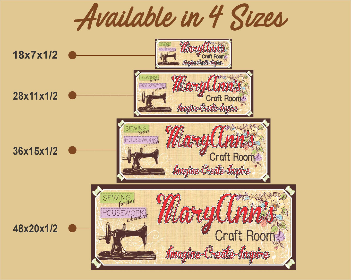 Size comparison chart showing four available sizes for personalized craft room wall sign