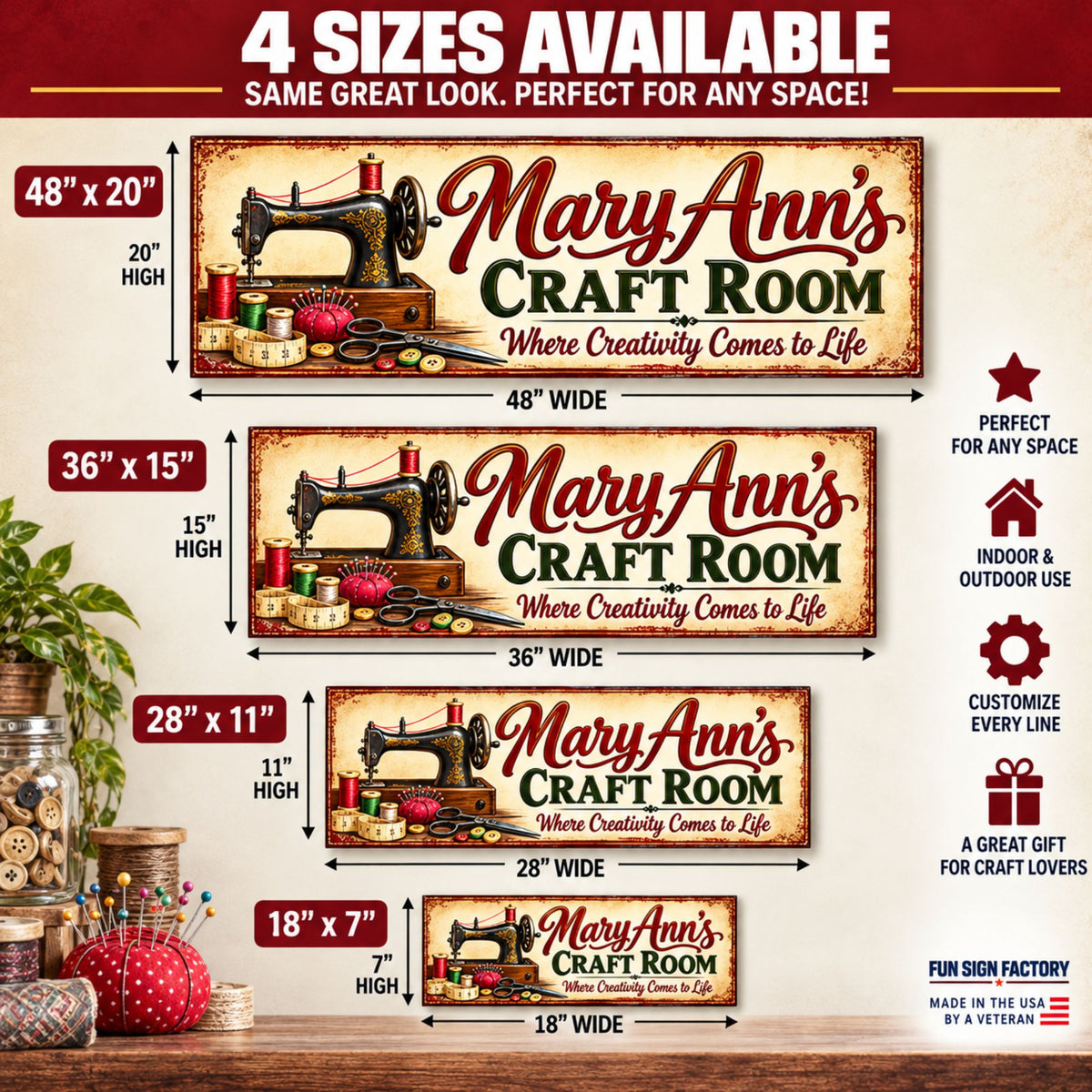 Four available sizes of a personalized craft room sign: 18x7, 28x11, 36x15, and 48x20 inches.