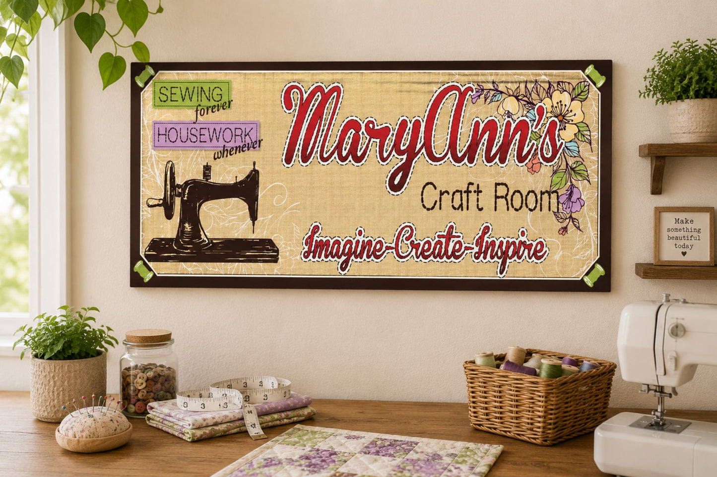 Personalized craft room wall sign displayed above sewing workspace with sewing machine fabric and baskets