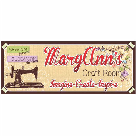 Front view of personalized craft room sign with sewing machine floral artwork and editable text