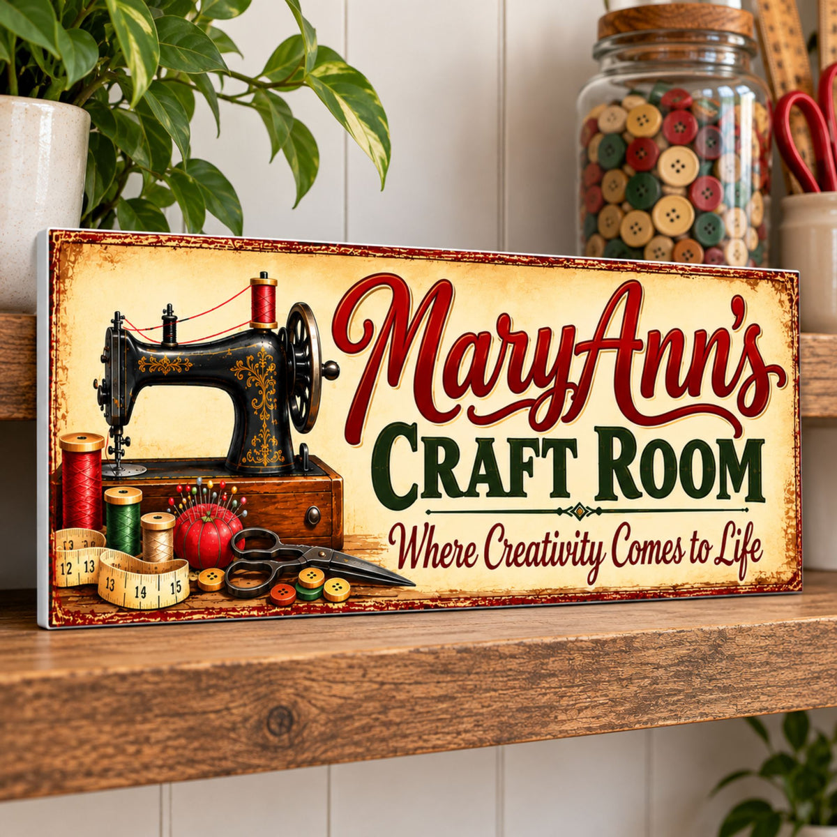 Personalized sewing room sign displayed on a rustic wooden shelf with craft supplies and vintage-inspired decor.