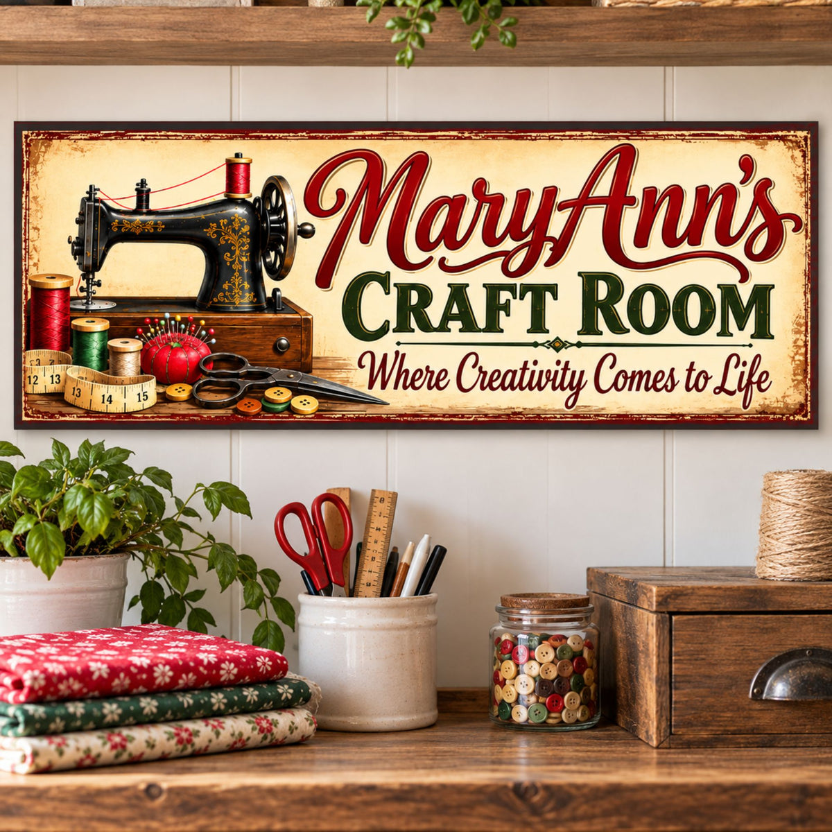 Vintage craft room wall sign hanging above a sewing workspace with folded fabrics and crafting accessories.