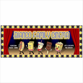 Personalized home theater marquee sign with cartoon snacks characters and custom family name