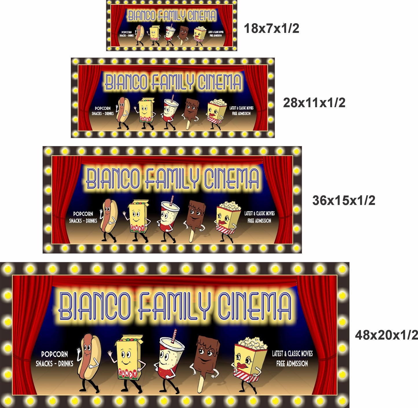 Personalized home theater marquee sign shown in four available sizes for comparison