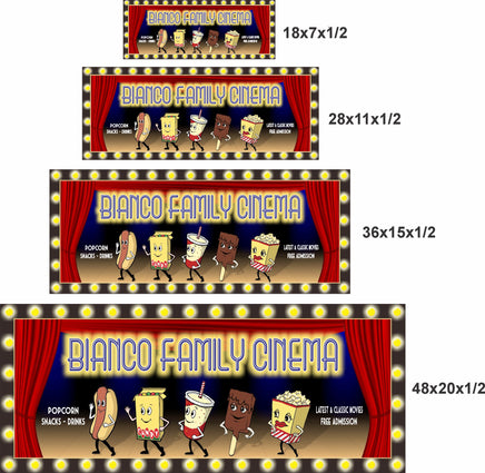 Personalized home theater marquee sign shown in four available sizes for comparison