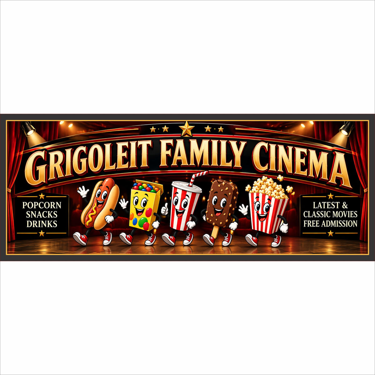 Personalized family cinema sign with colorful movie snack characters and customizable theater wording