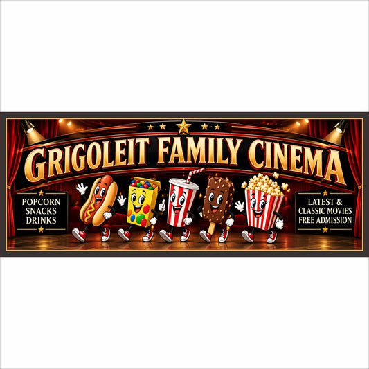 Personalized family cinema sign with colorful movie snack characters and customizable theater wording