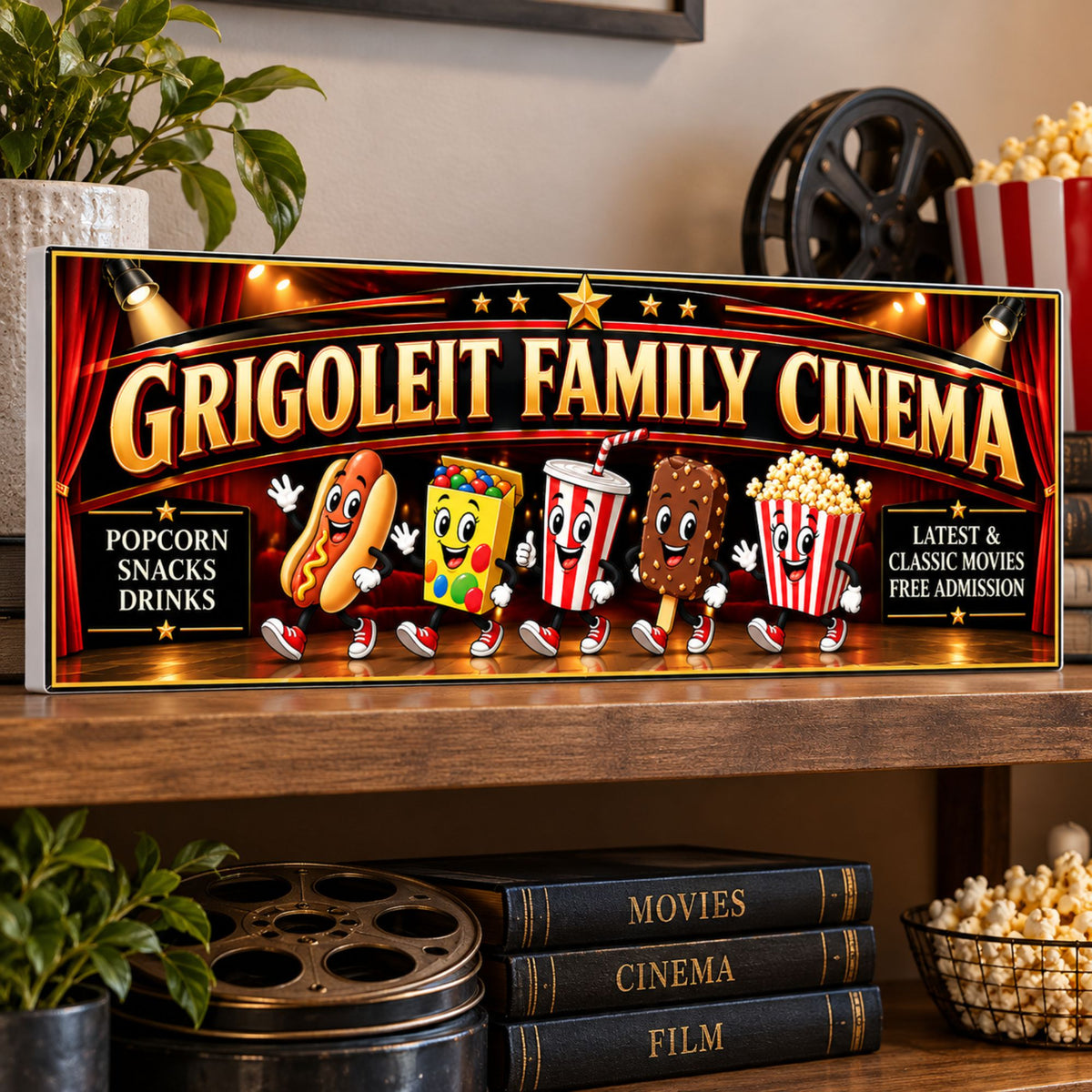 Personalized family cinema sign displayed on a shelf with movie-themed decor and popcorn