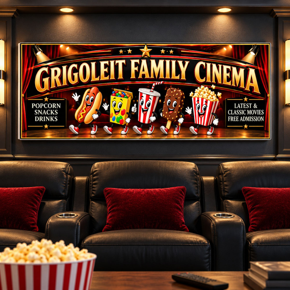Personalized family cinema sign displayed on a home theater wall above black reclining theater seats