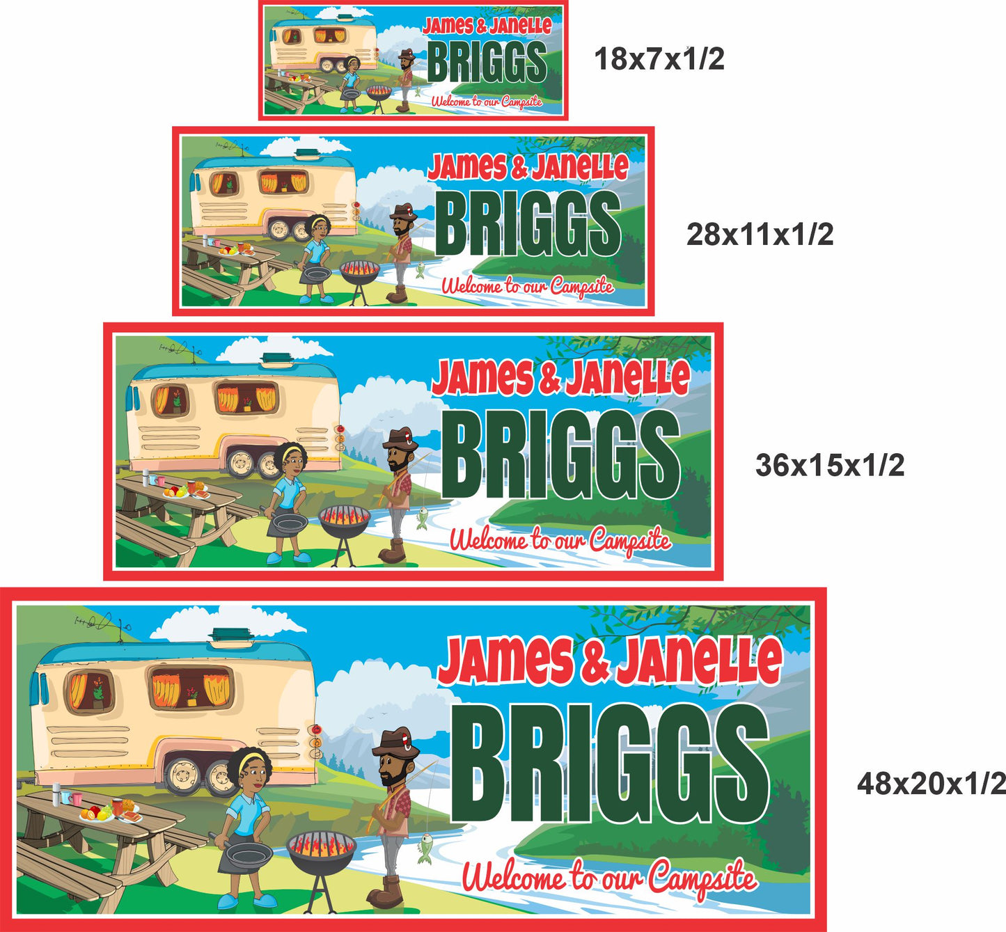 Graphic showing four available sign sizes stacked together for comparison.